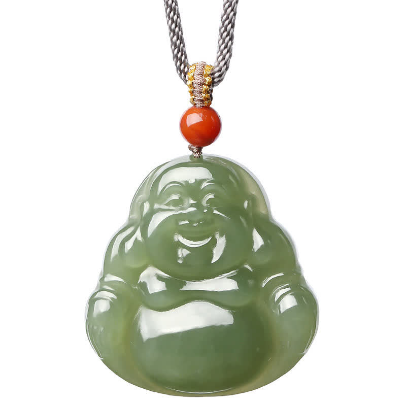 Wear FengShui Laughing Buddha Hetian Jade Abundance Necklace String Pendant