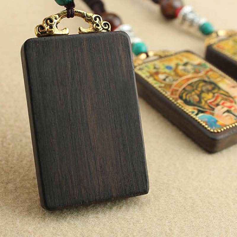 Wear FengShui Tibet God of Wealth Thangka Ebony Peace Necklace Pendant