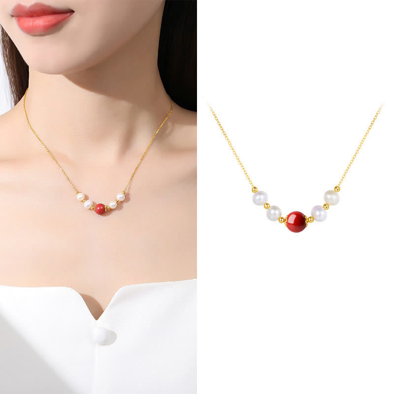 Wear FengShui 925 Sterling Silver Pearl Cinnabar Sincerity Healing Bead Chain Necklace Pendant