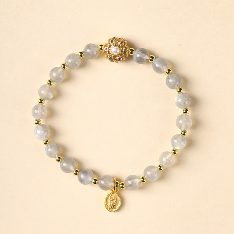 Wear FengShui 14K Gold Plated Natural Strawberry Quartz Labradorite Sun Stone Fu Character Positive Charm Bracelet