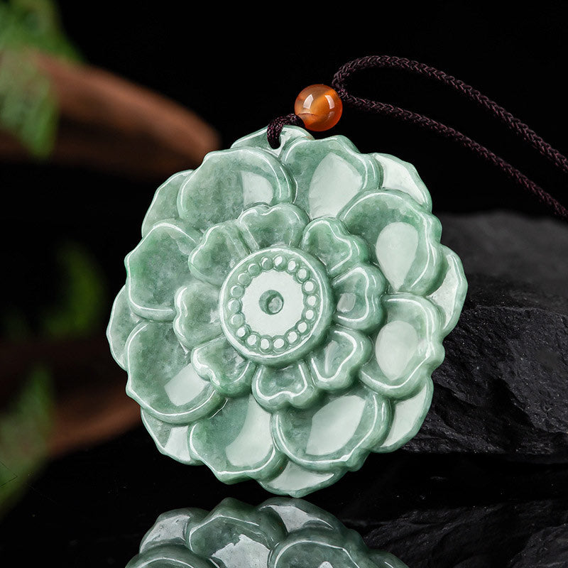 Wear FengShui Lotus Pattern Jade Luck Prosperity Necklace Pendant