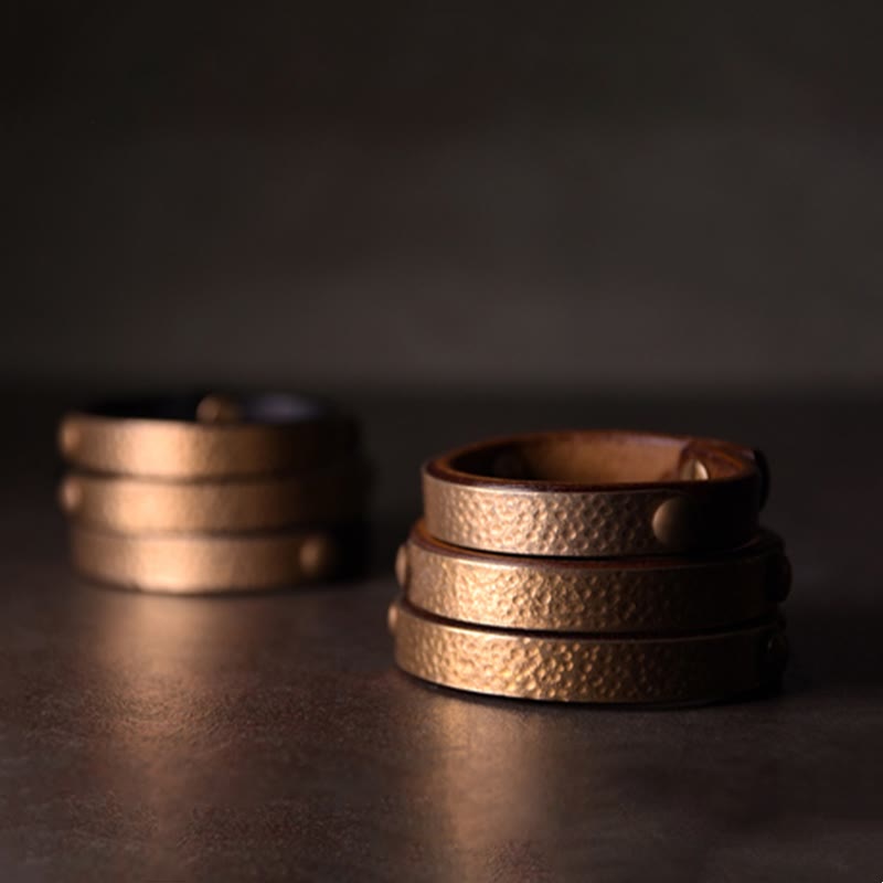 Wear FengShui Vintage Handmade Texture Copper Brass Leather Wealth Bracelet Bangle