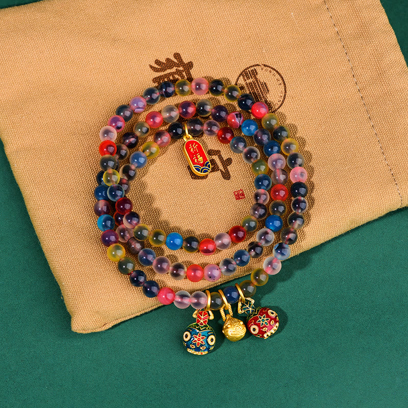 Wear FengShui Colorful Candy Agate Gold Swallowing Beast Family Strength Charm Triple Wrap Bracelet