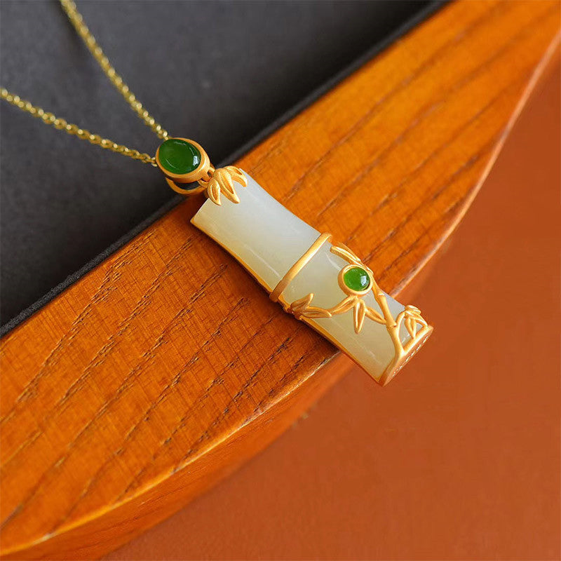 Wear FengShui White Jade Cyan Jade Bamboo Protection Necklace Pendant