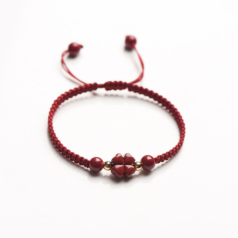 Wear FengShui Four Leaf Clover Five-petal Flower Cinnabar Blessing Red String Bracelet