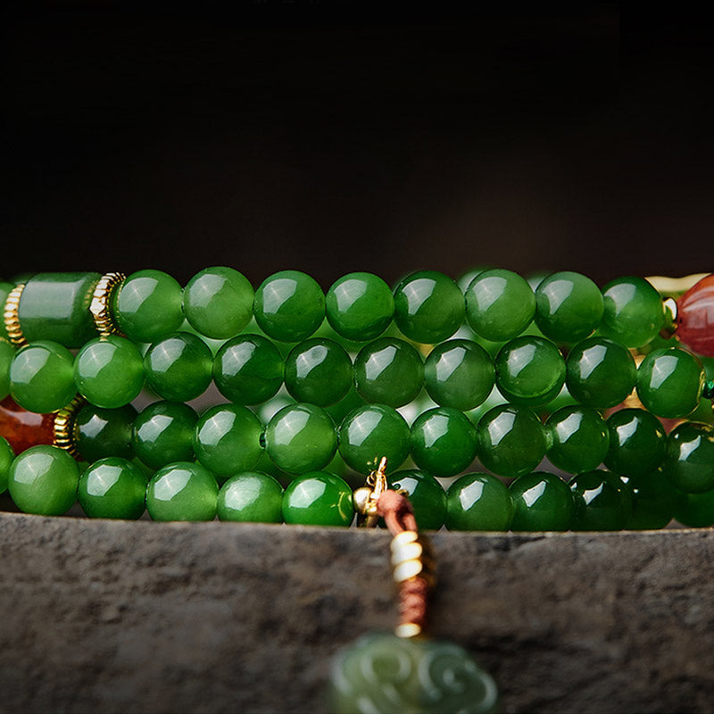 Wear FengShui 108 Mala Beads Cyan Jade Red Agate Laughing Buddha Luck Bracelet