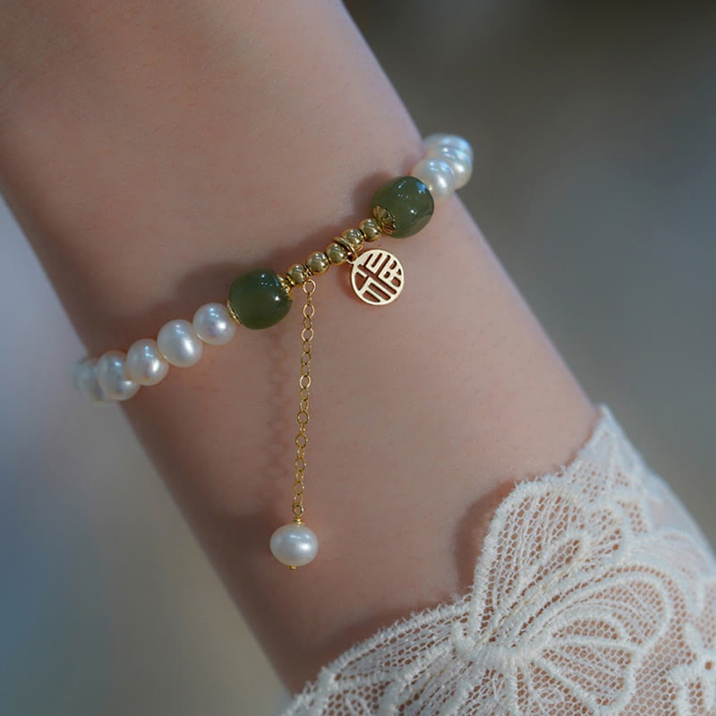 Wear FengShui Natural Pearl Hetian Jade Happiness Wisdom Bead Bracelet