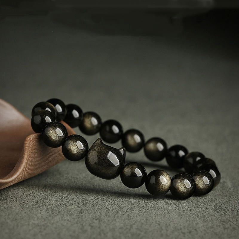 Wear FengShui Gold Sheen Obsidian Silver Sheen Obsidian Lovely Paw Lucky Cat Protection Bracelet
