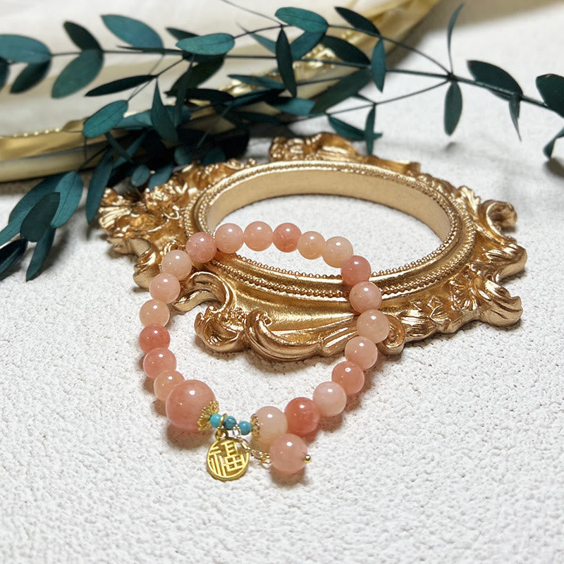 Wear FengShui Natural Orange Stone Turquoise Fu Character Charm Luck Fortune Bracelet