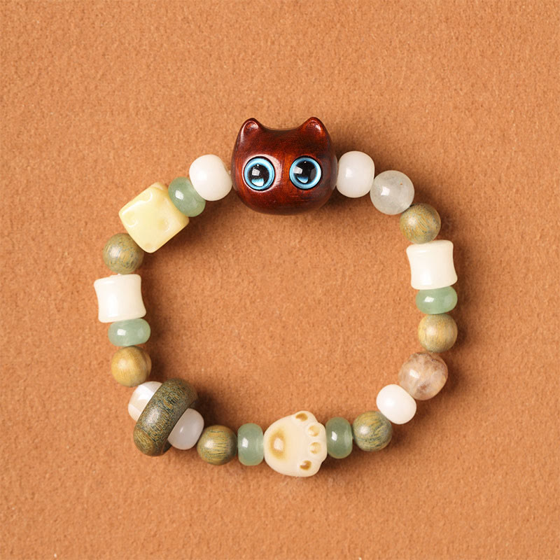 Wear FengShui Bodhi Seed Green Sandalwood Ebony Wood Small Leaf Red Sandalwood Cat Head Paw Claw Peace Bracelet