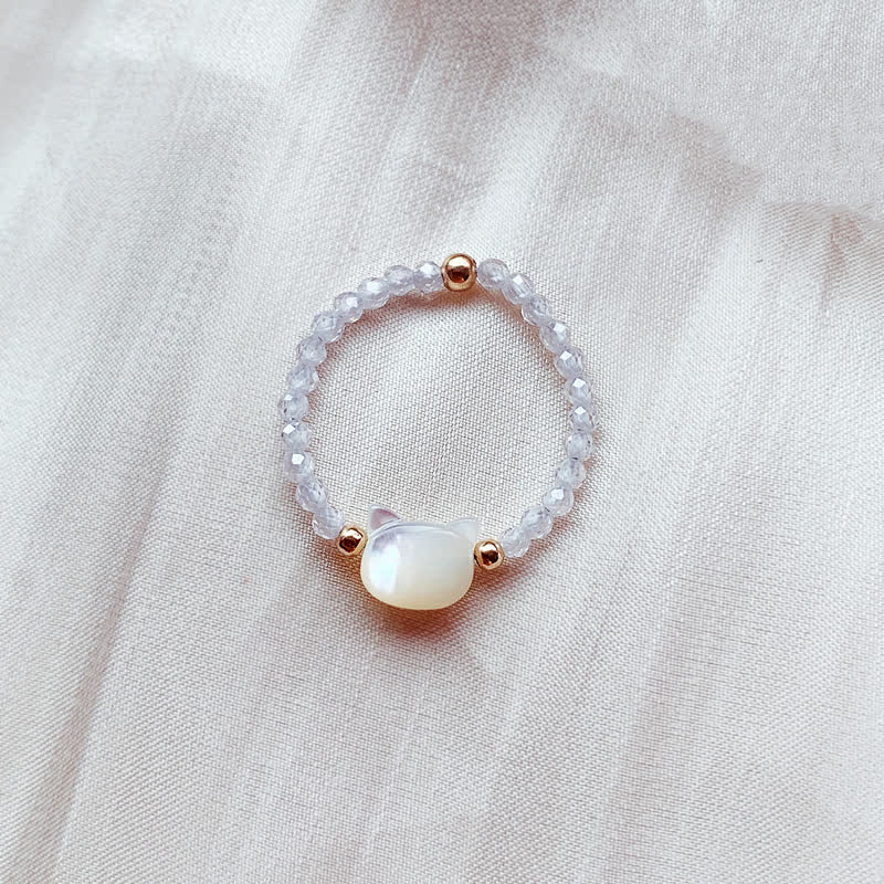 Wear FengShui Natural Tridacna Stone Lovely Cat 14K Gold Plated Blessing Ring