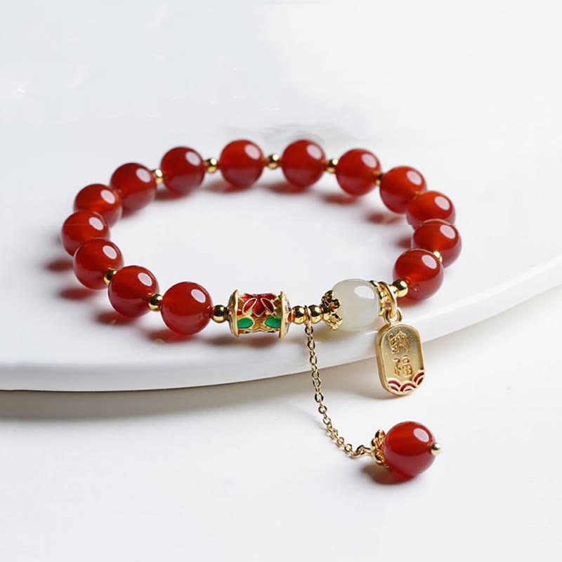 Wear FengShui Natural Red Agate Hetian Jade Fu Character Confidence Charm Bracelet