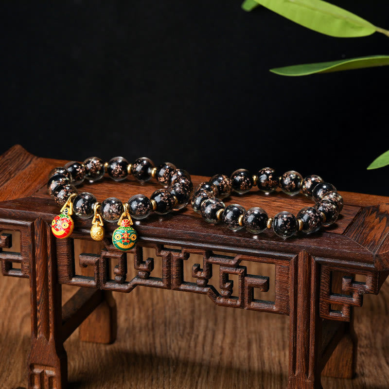 Wear FengShui Gold Swallowing Beast Family Charm Luminous Fluorescent Liuli Glass Bead Success Bracelet