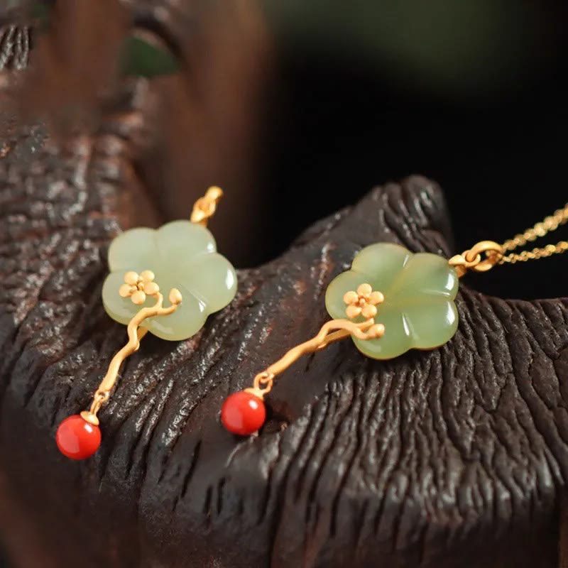Wear FengShui Vintage Plum Blossom Flower Jade Red Agate Prosperity Necklace Pendant