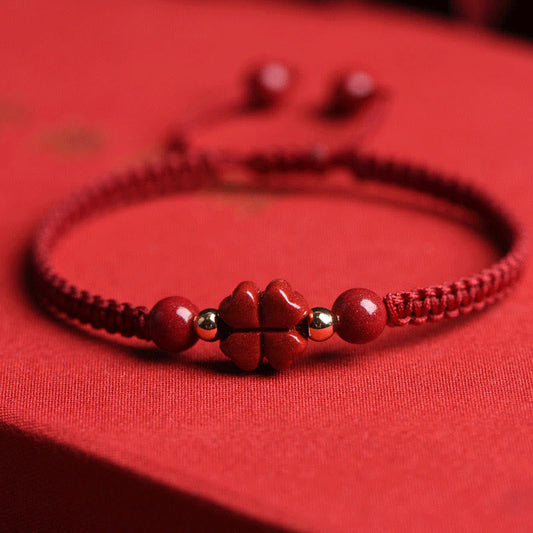 Wear FengShui Four Leaf Clover Five-petal Flower Cinnabar Blessing Red String Bracelet