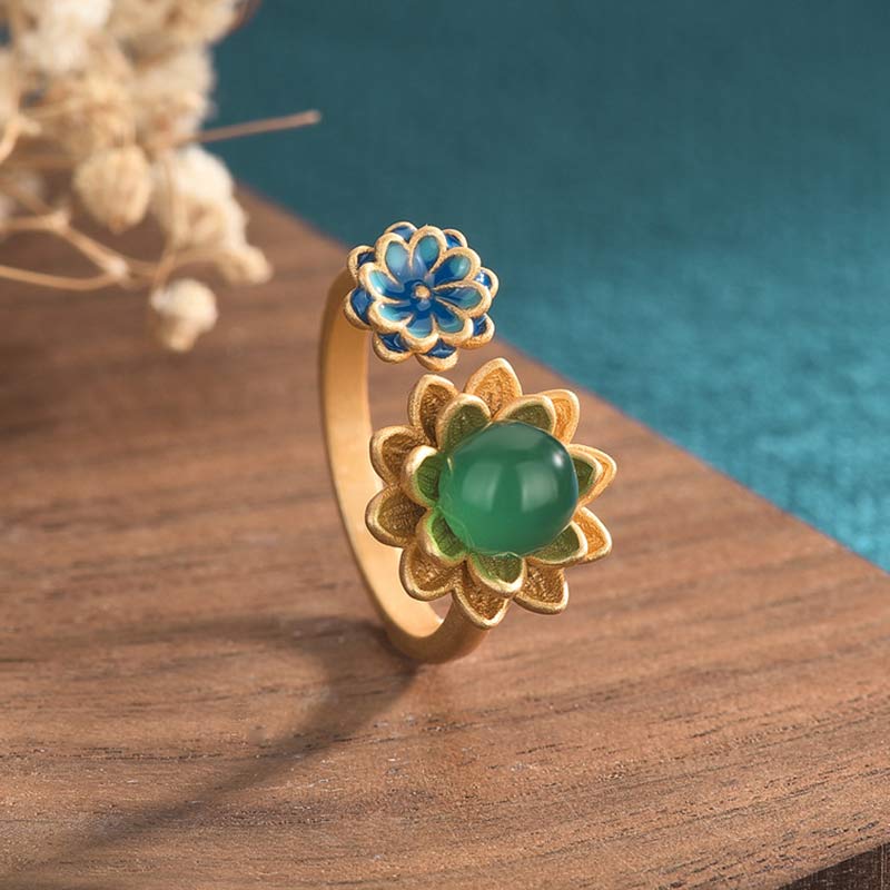 Wear FengShui Lotus Pattern Jade Abundance Adjustable Ring