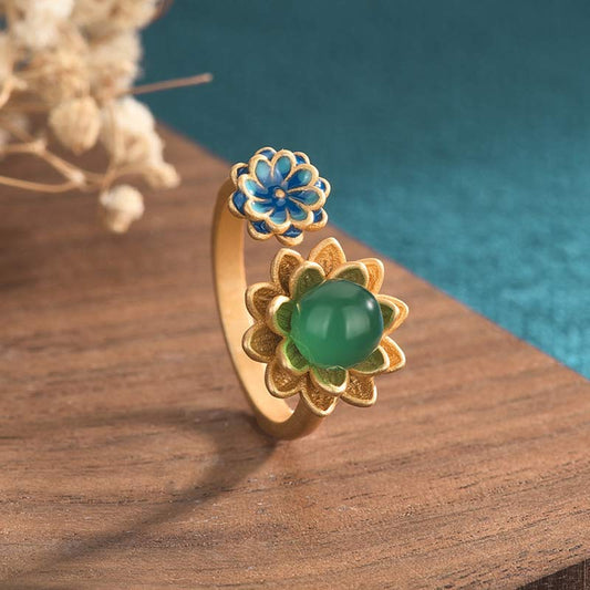 Wear FengShui Lotus Pattern Jade Abundance Adjustable Ring