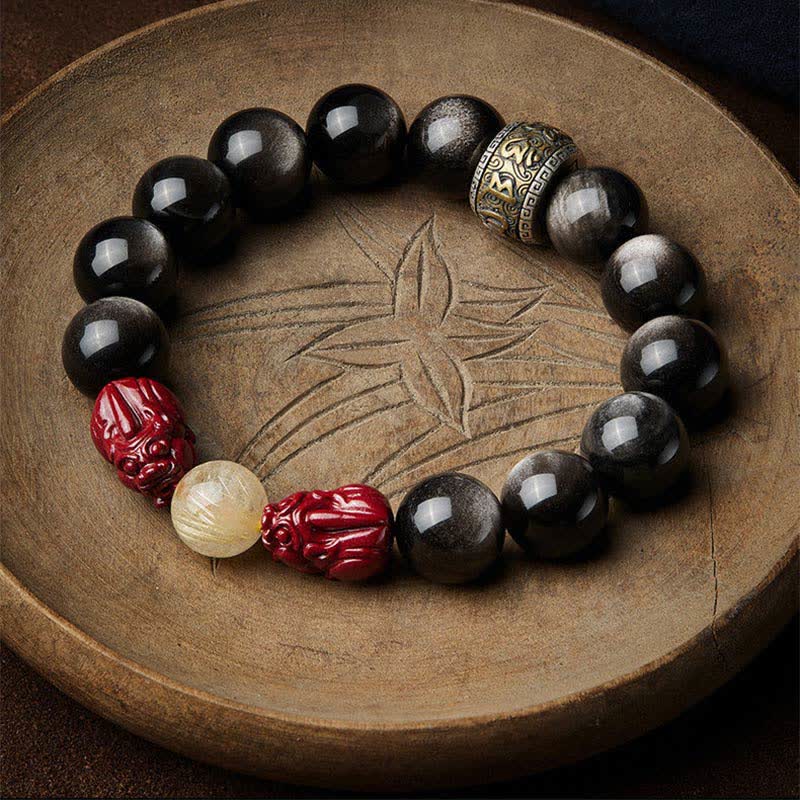 Wear FengShui Gold Sheen Obsidian PiXiu Cinnabar Om Mani Padme Hum Protection Bracelet