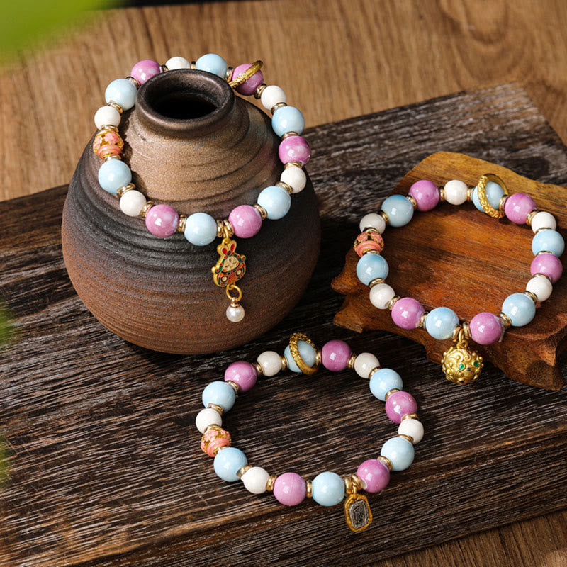 Wear FengShui Tibetan Zakiram Goddess of Wealth Rabbit Lion Head Charm Liuli Glass Incense Ash Porcelain Bead Protection Bracelet