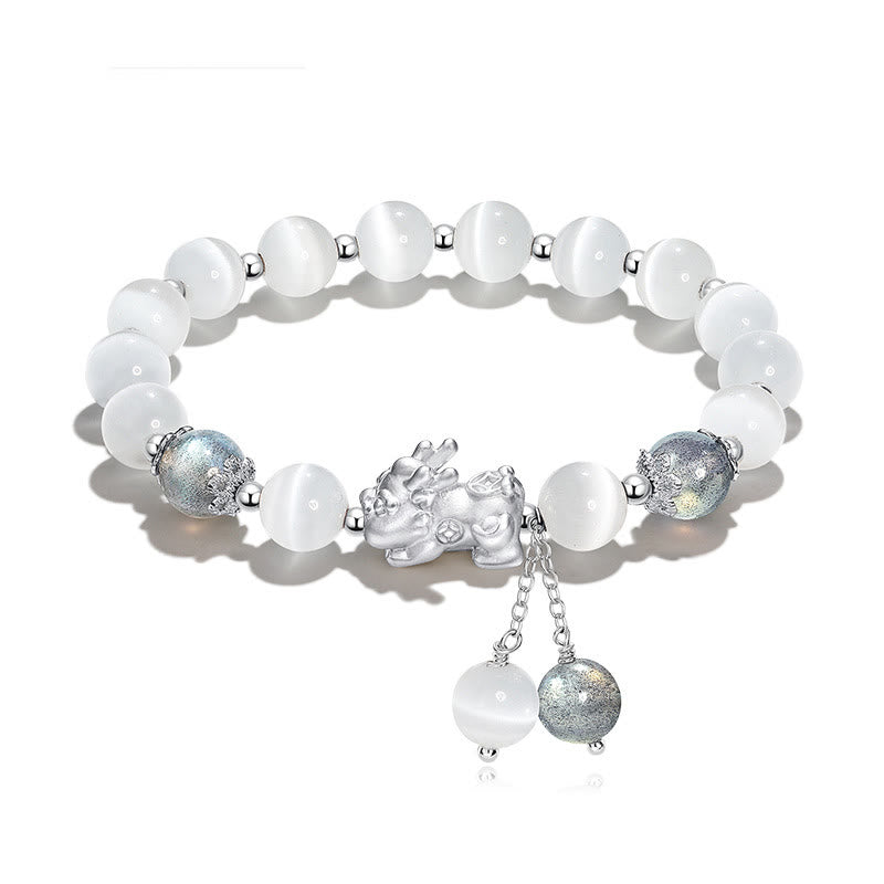 Wear FengShui Natural Cat's Eye Moonstone Strawberry Quartz PiXiu Support Bracelet