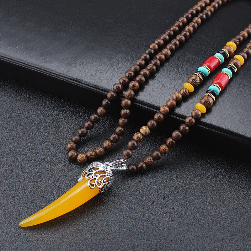Wear FengShui Wenge Wood Turquoise Stone Horn Style Protection Meditation Necklace Pendant