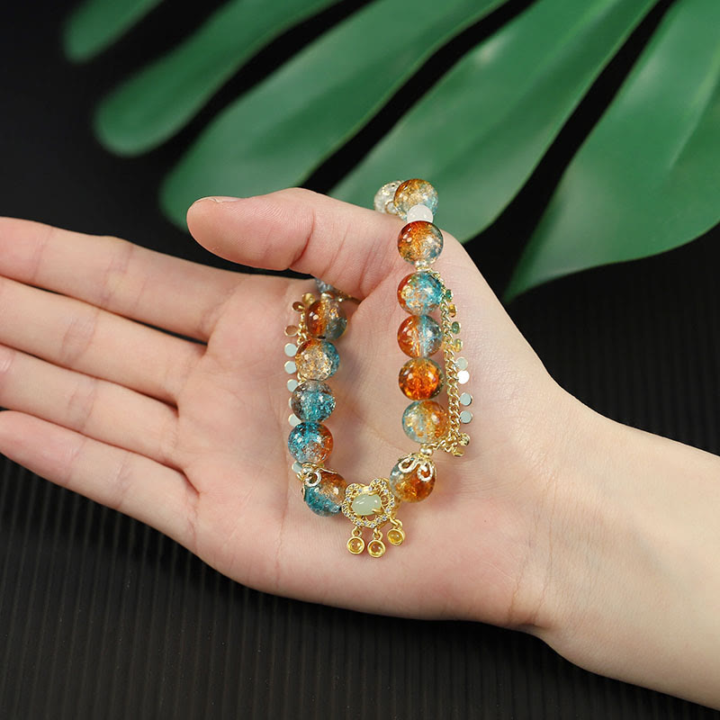 Wear FengShui Colorful Liuli Glass Bead Chinese Lock Charm Fortune Bracelet