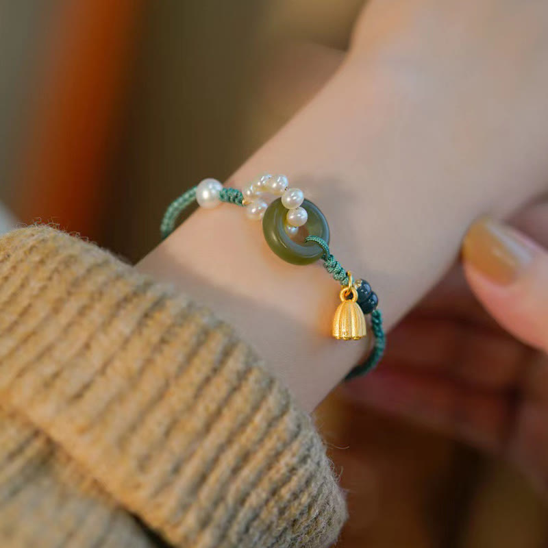 Wear FengShui Natural Hetian Jade Peace Buckle Pearl Luck Handcrafted Braided Bracelet