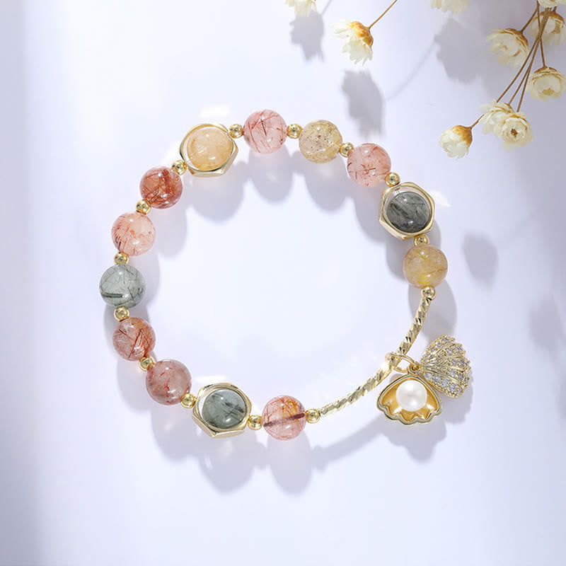 Wear FengShui Natural Colorful Rutilated Quartz Shell Protection Bead Bracelet