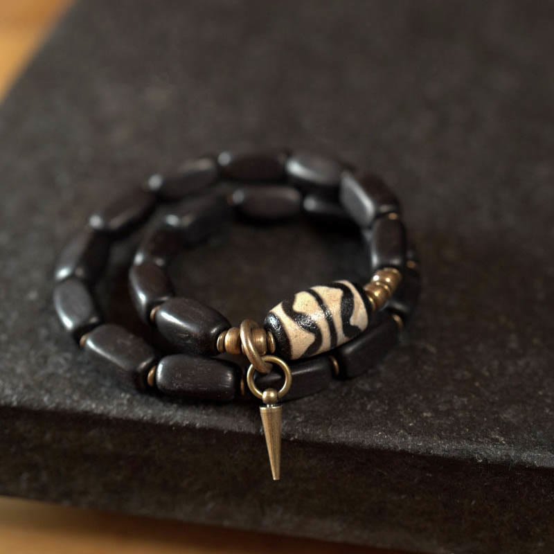 Wear FengShui Tibet Ebony Wood Dzi Bead Copper Balance Double Wrap Bracelet