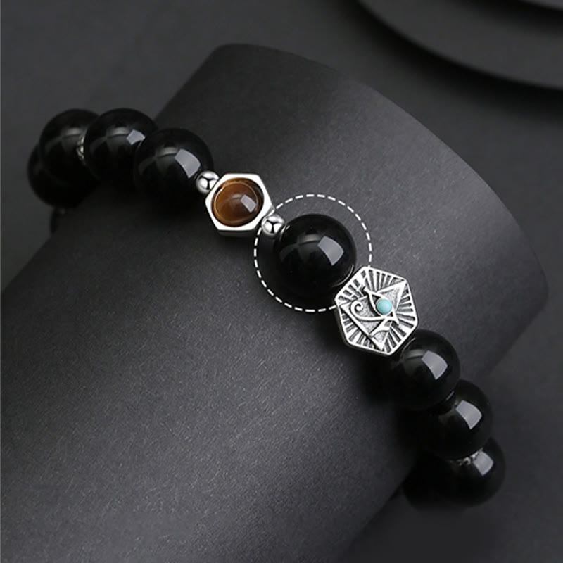 Wear FengShui 925 Sterling Silver Black Obsidian Tiger Eye Eye of Providence Purification Bracelet