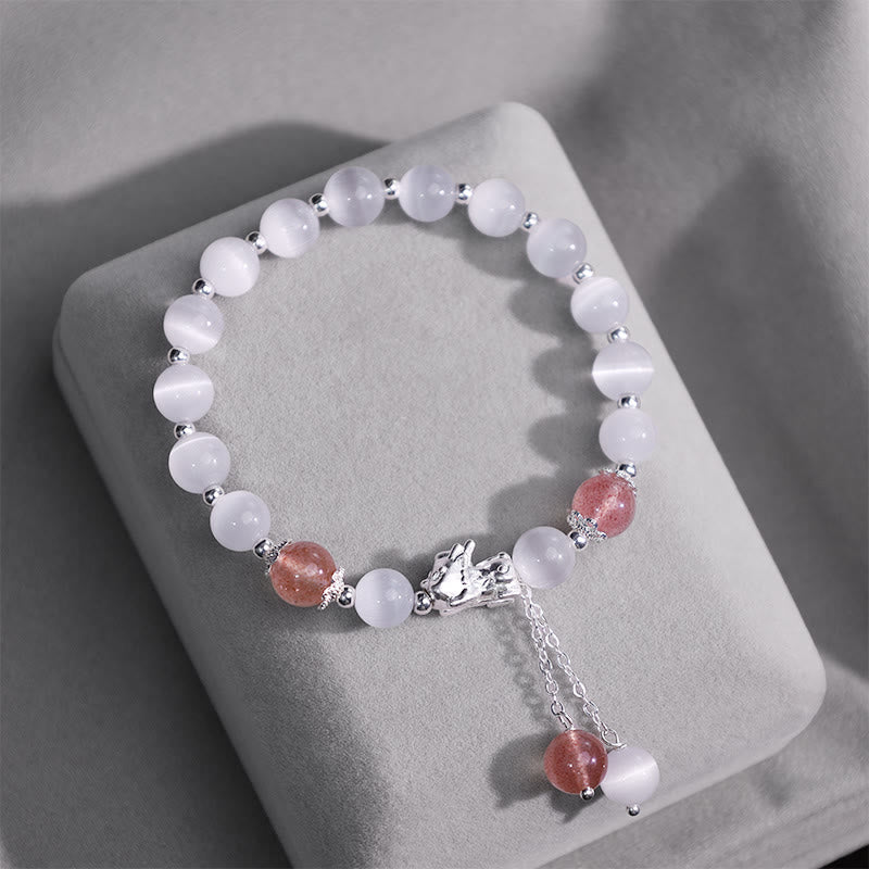 Wear FengShui Natural Cat's Eye Moonstone Strawberry Quartz PiXiu Support Bracelet