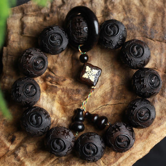 Wear FengShui Ebony Wood Chinese Character Yin Yang Engraved Gourd Balance Bracelet