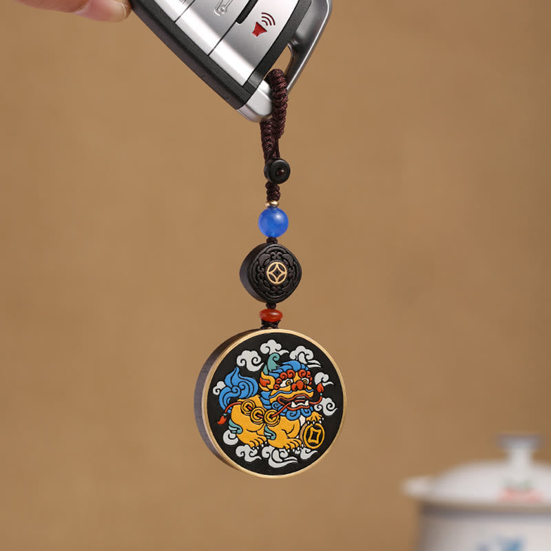 Wear FengShui PiXiu Copper Coin Ebony Wood Luck Attract Wealth Key Chain Decoration