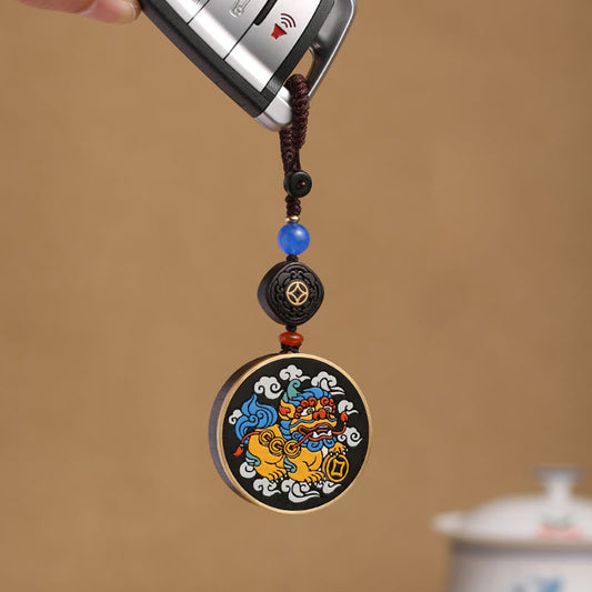 Wear FengShui PiXiu Copper Coin Ebony Wood Luck Attract Wealth Key Chain Decoration