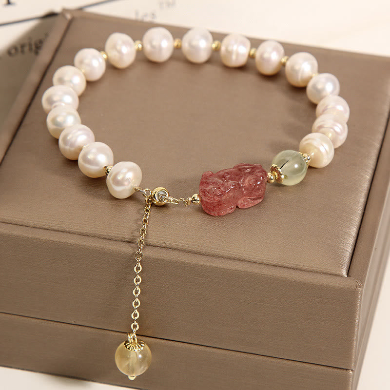 Wear FengShui Natural Pearl Strawberry Quartz PiXiu Optimism Charm Bracelet