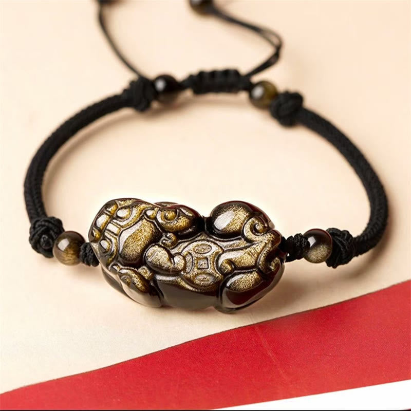 Wear FengShui Natural Obsidian Amethyst Citrine PiXiu Cooper Coin Wealth Bracelet