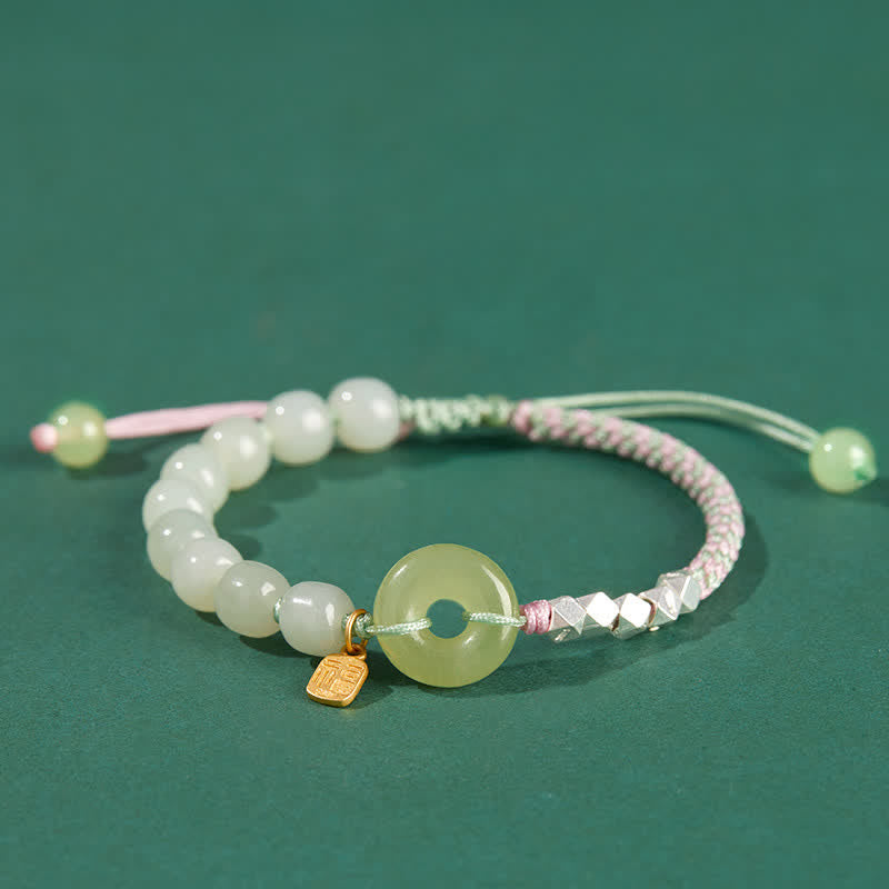 Wear FengShui 925 Sterling Silver Hetian Jade Peace Buckle Beaded Luck Happiness Charm Bracelet