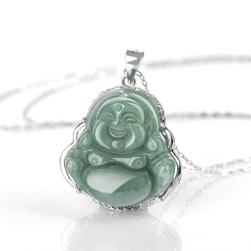 Wear FengShui Laughing Buddha Jade Abundance Necklace Titanium Steel Chain Pendant