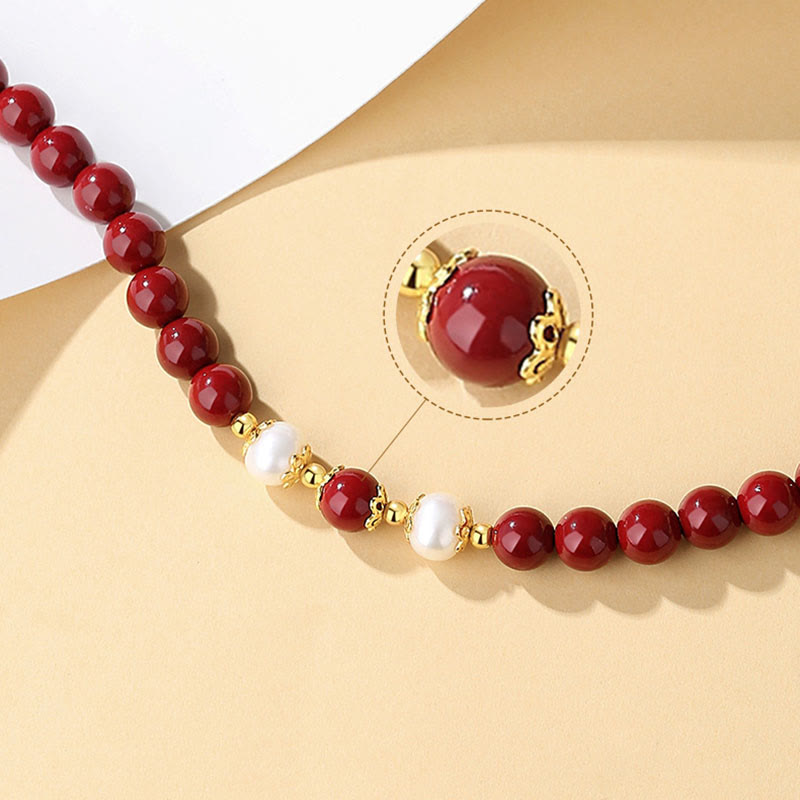 Wear FengShui 925 Sterling Silver Natural Cinnabar Pearl Blessing Necklace Pendant Bracelet Earrings Jewelry Set