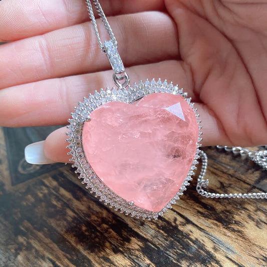 Wear FengShui Rose Quartz Crystal Love Heart Relationships Necklace Pendant
