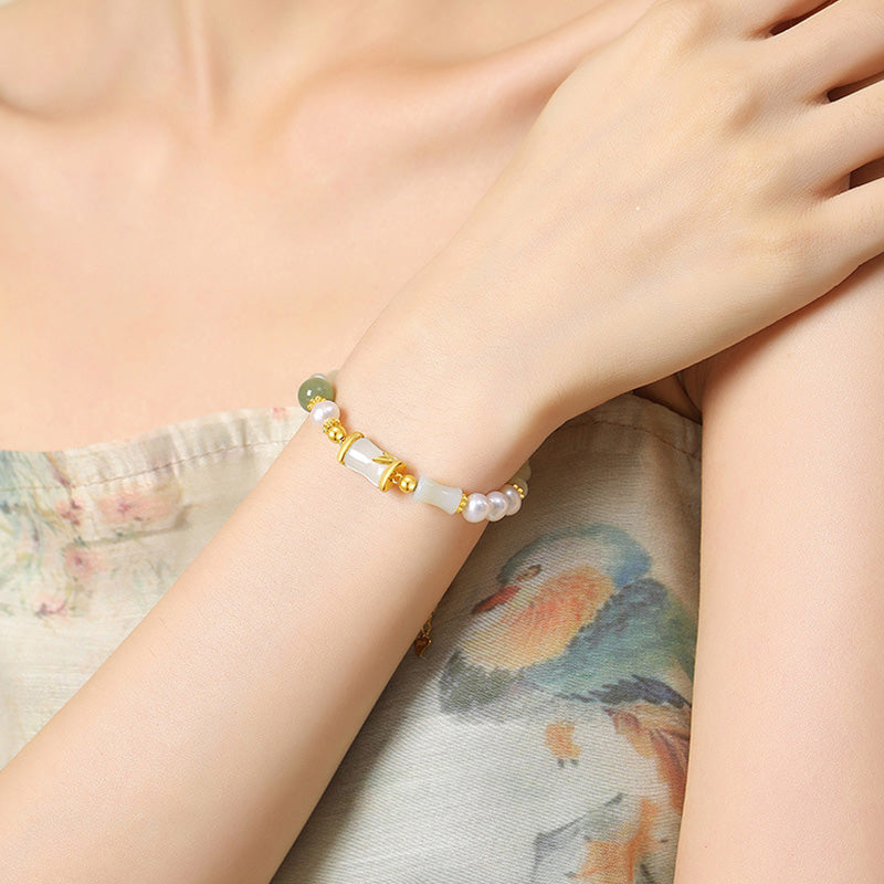 Wear FengShui 925 Sterling Silver Natural Hetian White Jade Bamboo Luck Blessing Bracelet