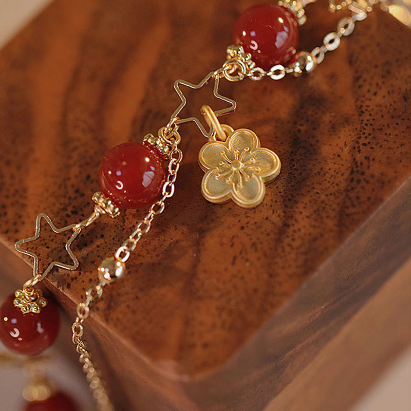 Wear FengShui 14k Gold Plated Red Agate Star Flower Charm Calm Bracelet