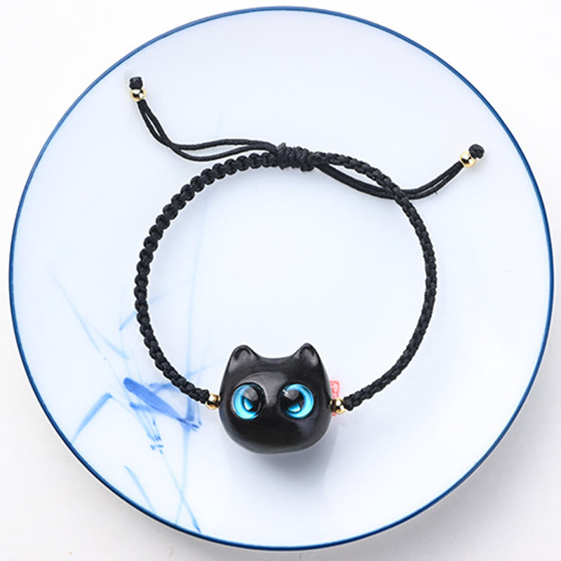 Wear FengShui Small Leaf Red Sandalwood Ebony Wood Cute Cat Head Calm Protection Braided Bracelet