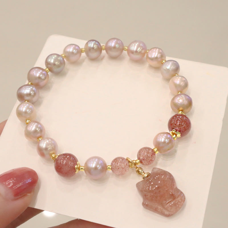 Wear FengShui Natural Pearl Strawberry Quartz Cute Fox Love Healing Charm Bracelet