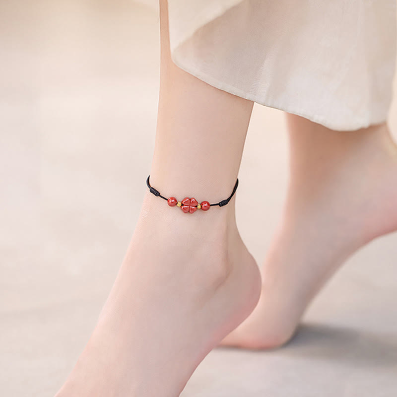 Wear FengShui Four Leaf Clover Cinnabar Blessing Calm String Bracelet Anklet