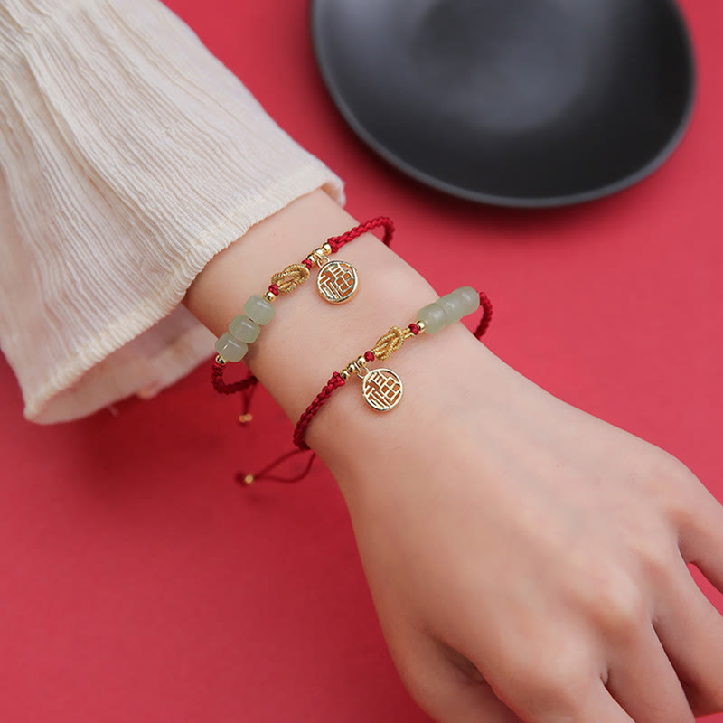 Wear FengShui Handcrafted Jade Bead Fu Character Charm Luck Red Rope Bracelet