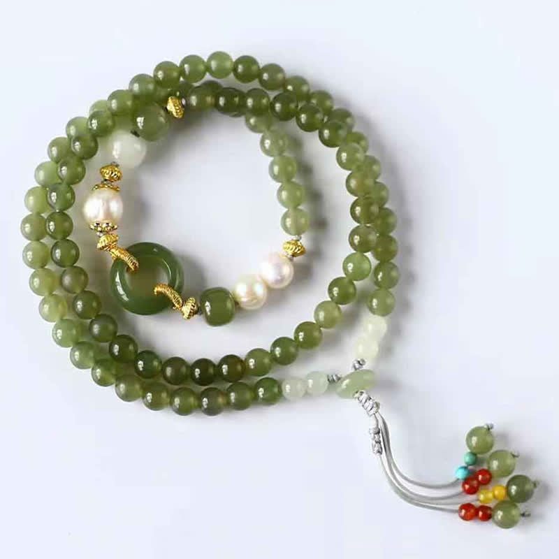 Wear FengShui Hetian Jade Pearl Peace Buckle Luck Wealth String Bracelet