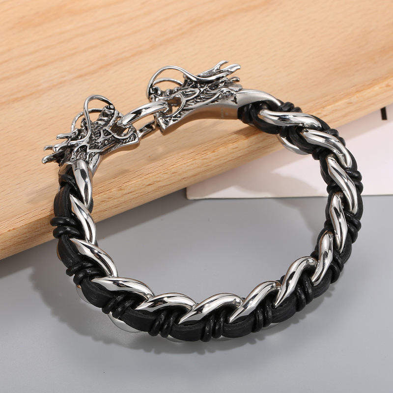 Wear FengShui Dragon Leather Titanium Steel Protection Luck Braided Bracelet