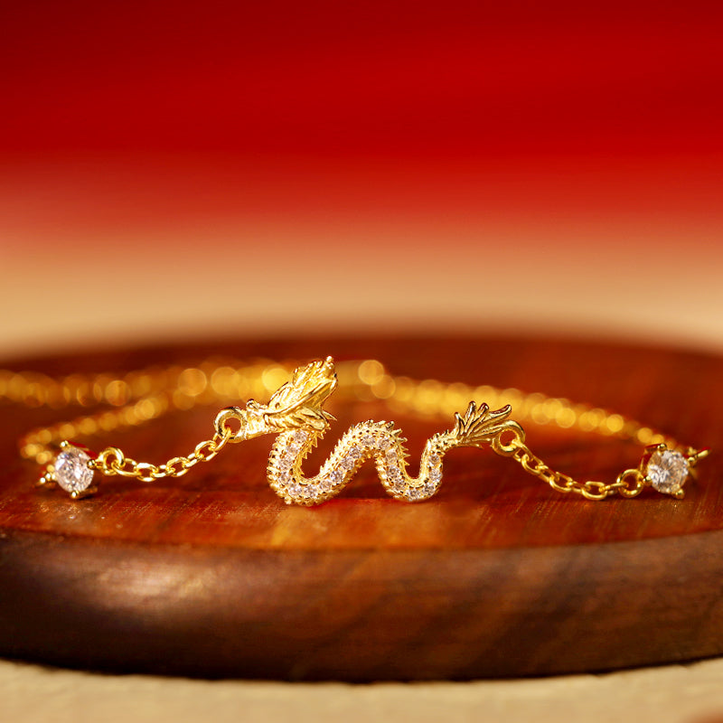 Wear FengShui 925 Sterling Silver Year Of The Dragon Auspicious Golden Dragon Luck Red Rope Chain Bracelet