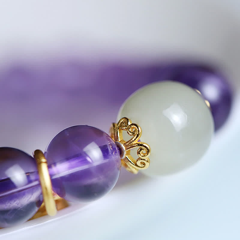 Wear FengShui Natural Amethyst Crystal Hetian Jade Healing Charm Bracelet